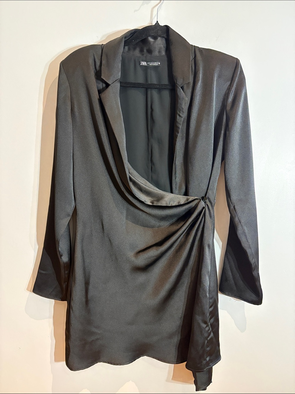 Zara Black Satin Draped Wrap Long Sleeve Dress